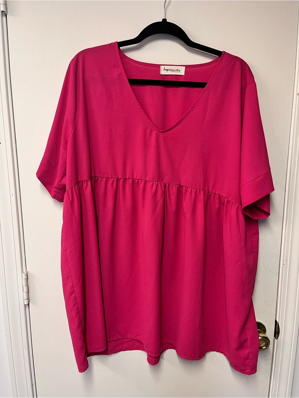 Impressions Hot Pink Babydoll Top XL V Neck Oversized Flowy Short Sleeve Blouse